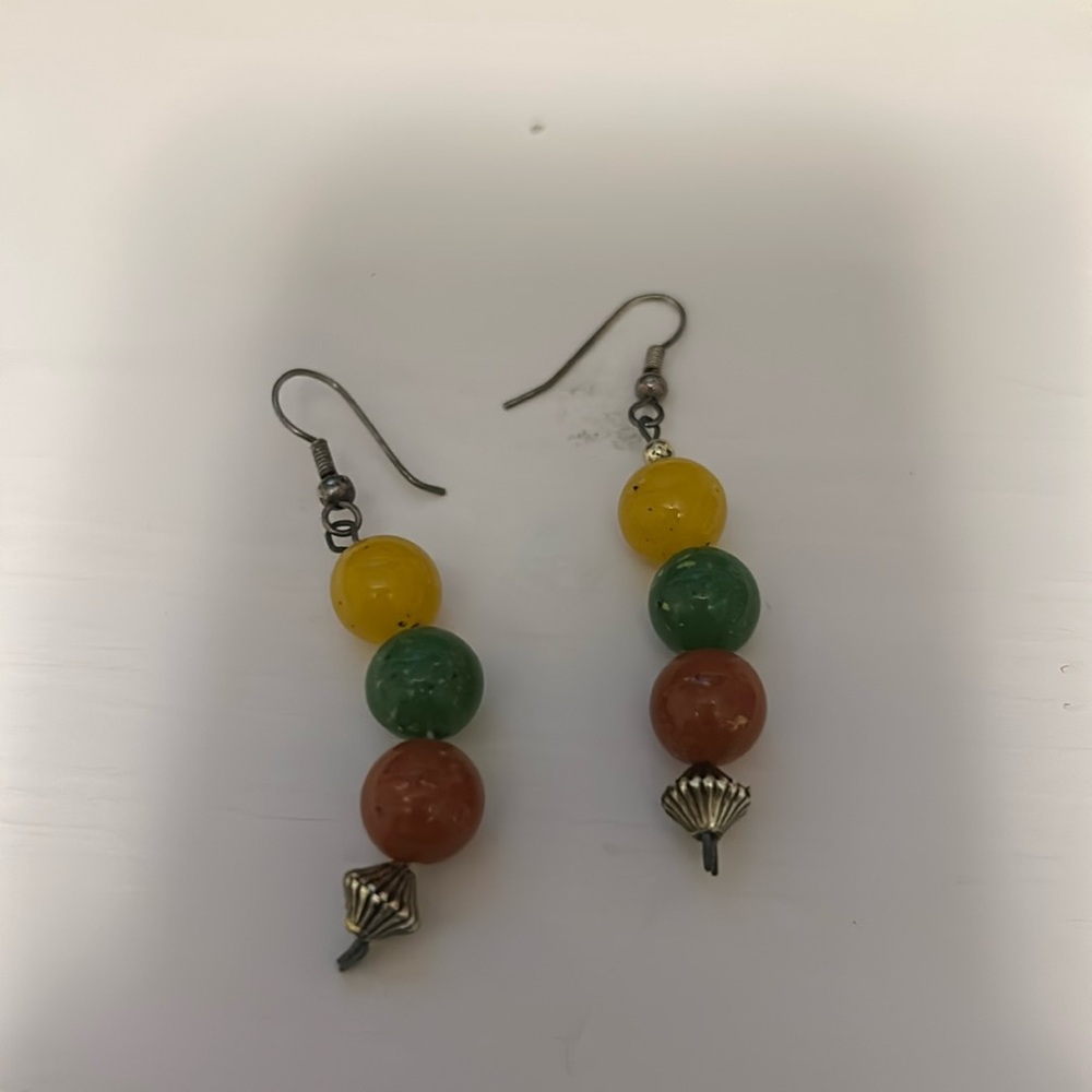 Yellow, green and red beaded earrings
